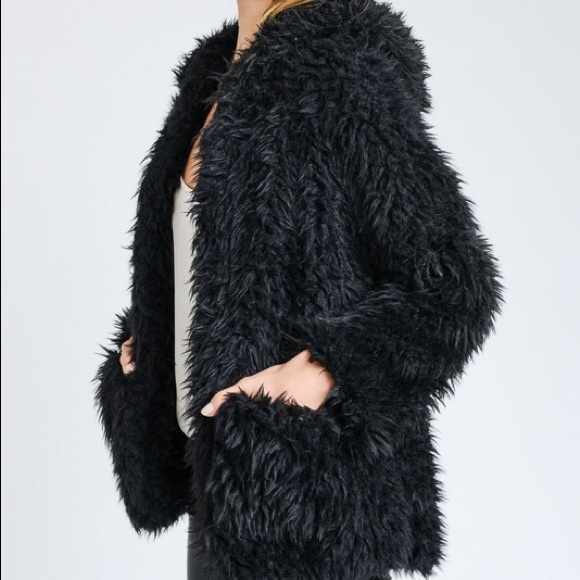 Black Fuzzy Faux Fur Super Soft Hooded Jacket - Picture 2 of 4